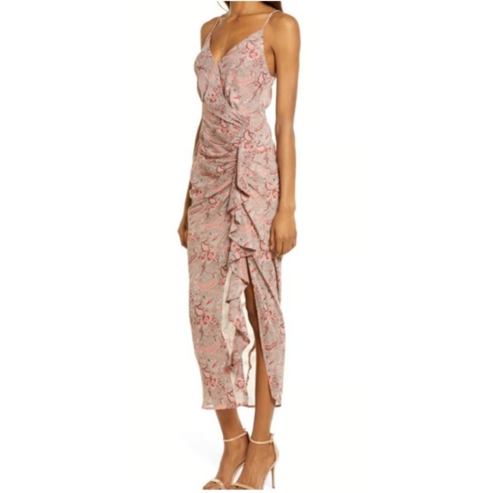 Floret Studios Ruffle Chiffon Midi Dress Teal Coral Floral Small Coquette Fairy